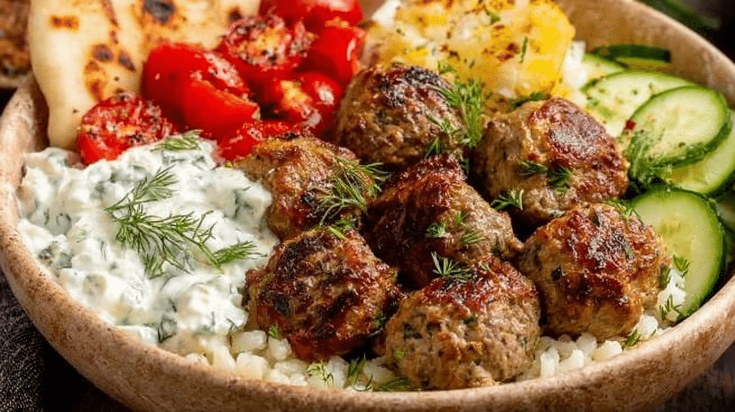 Gyro Bowls Made Easy: Juicy Meatballs & Creamy Tzatziki in Every Bite 41 gyro bowls with lamb meatballs, tzatziki, lemon rice, and cucumber salad