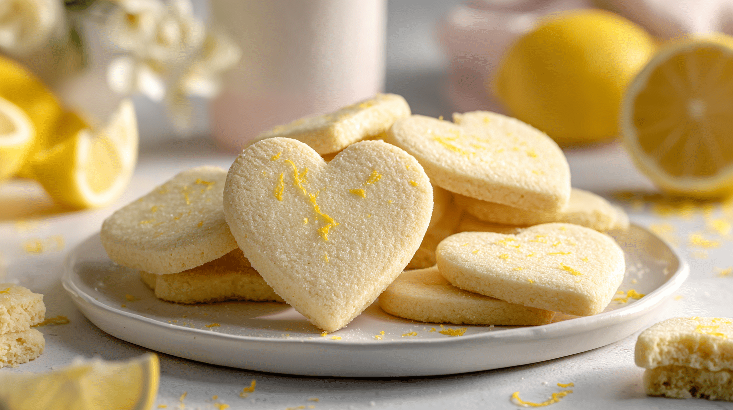 Heart-Shaped Lemon Zest Cookies That Taste Fresh and Joyful 23 Heart-shaped lemon zest cookies baked golden with fresh lemon zest on a white plate