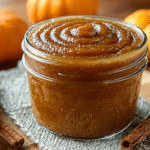 Homemade pumpkin butter recipe in a glass jar with cinnamon sticks and fresh pumpkins