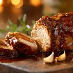Honey Garlic Slow Cooker Pork Tenderloin slices with glossy sauce on wooden board.