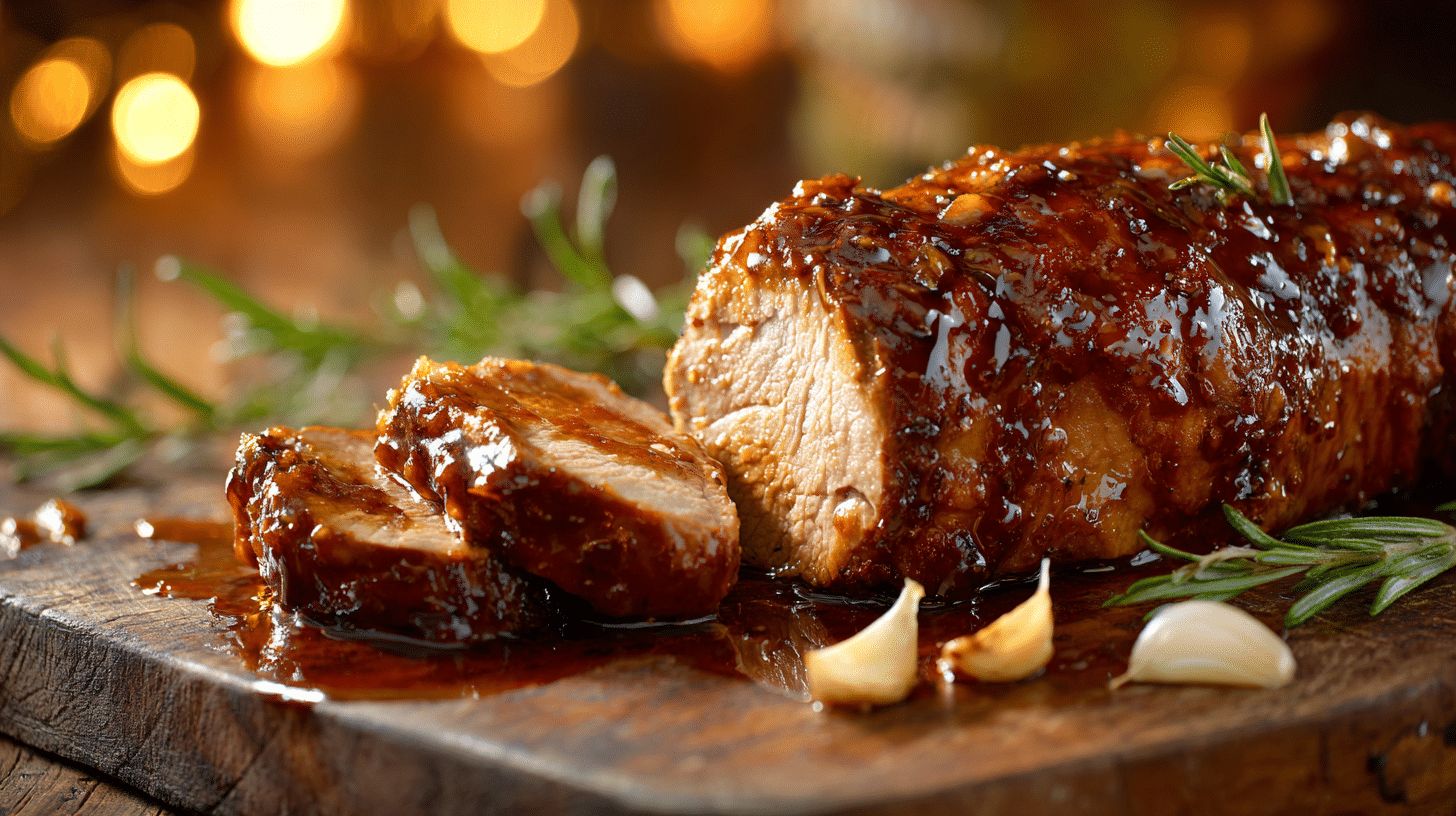 Honey Garlic Slow Cooker Pork Tenderloin 23 Honey Garlic Slow Cooker Pork Tenderloin slices with glossy sauce on wooden board.