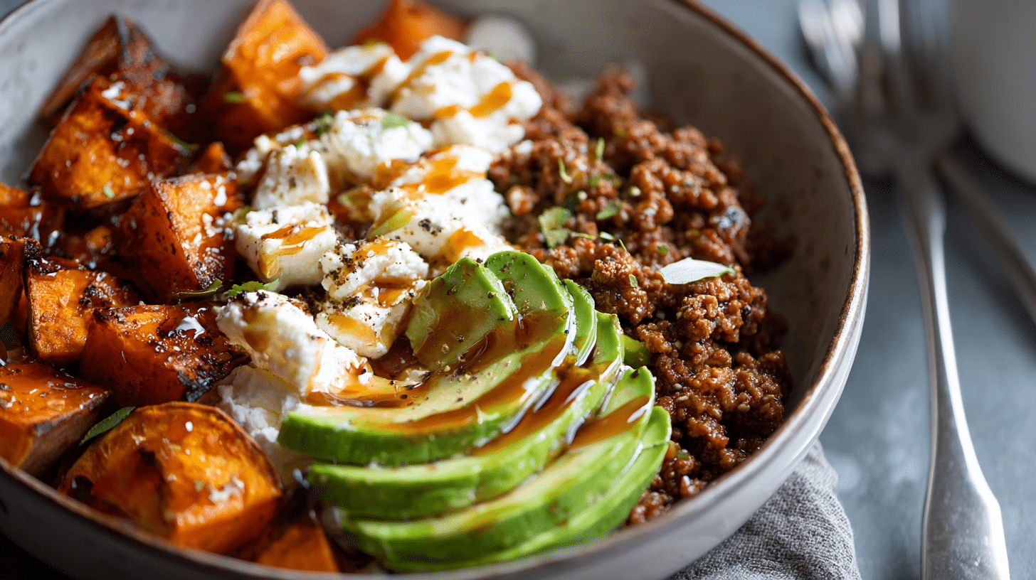Hot Honey Ground Beef Bowl: Bold High-Protein Dinner You’ll Love 23 Hot honey ground beef bowl with sweet potatoes and avocado