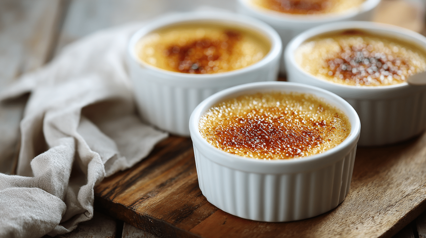 Irish Cream Crème Brûlée: Easy 15-Minute Prep Recipe 22 Irish Cream Crème Brûlée with caramelized sugar tops on wooden board.