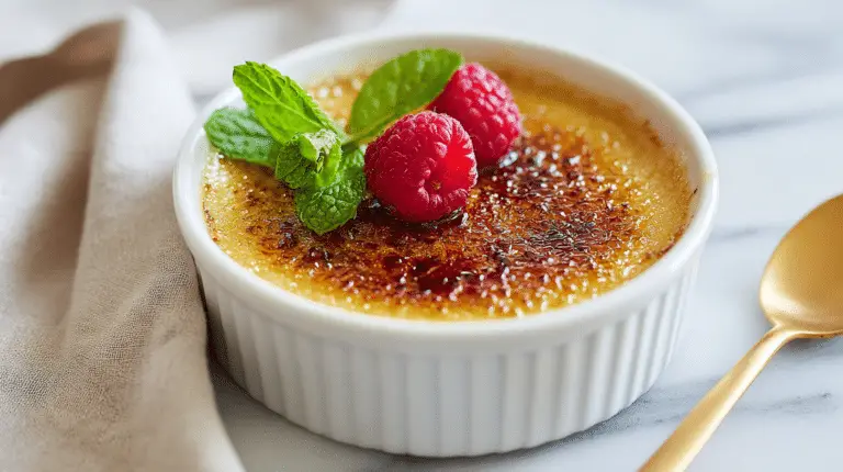Keto Crème Brûlée with golden caramelized top in white ramekin.