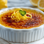 Lemon Crème Brûlée with cracked caramelized sugar topping on wooden board.