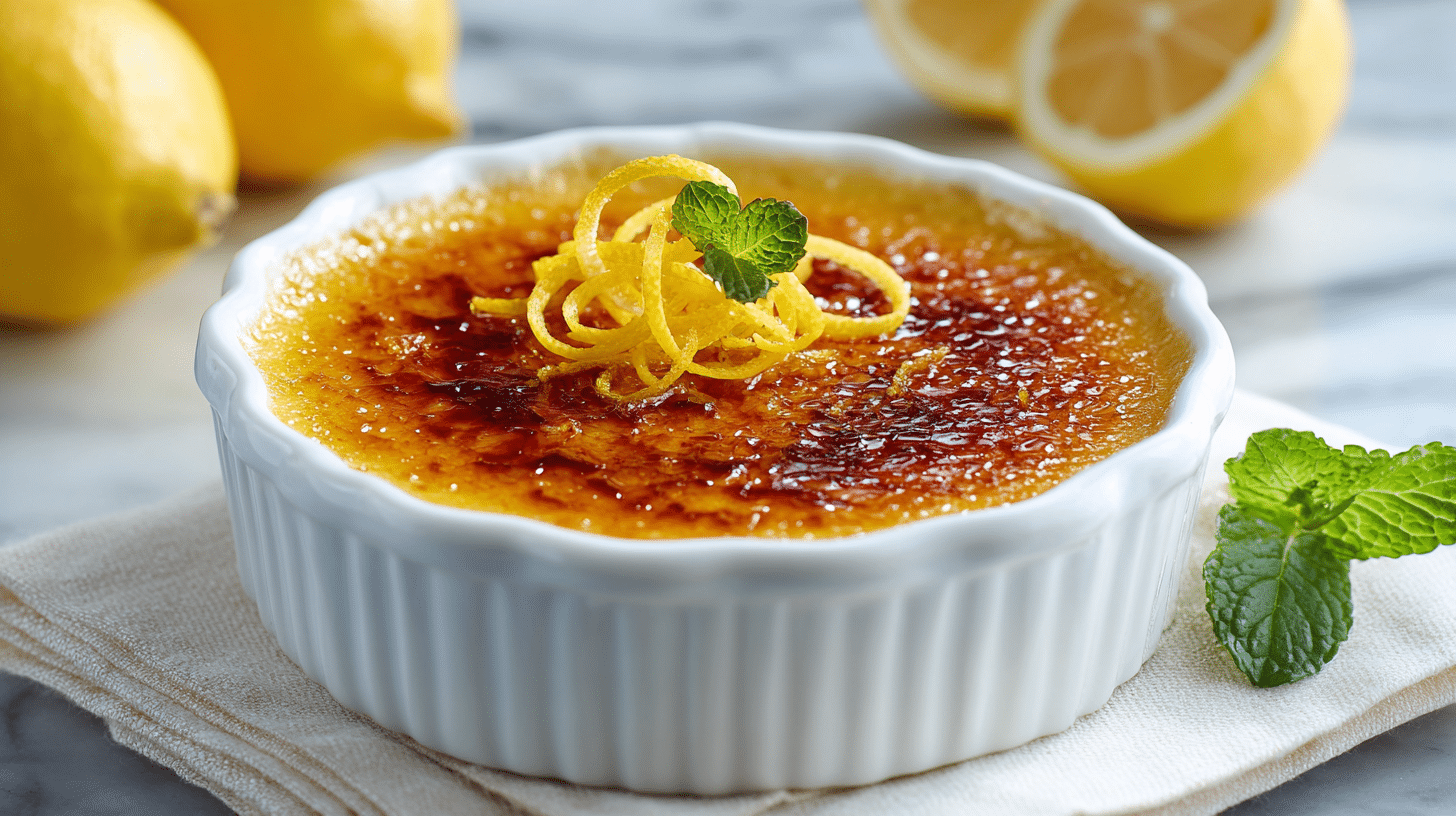 Lemon Crème Brûlée: 18-Minute Easy Classic Dessert 19 Lemon Crème Brûlée with cracked caramelized sugar topping on wooden board.