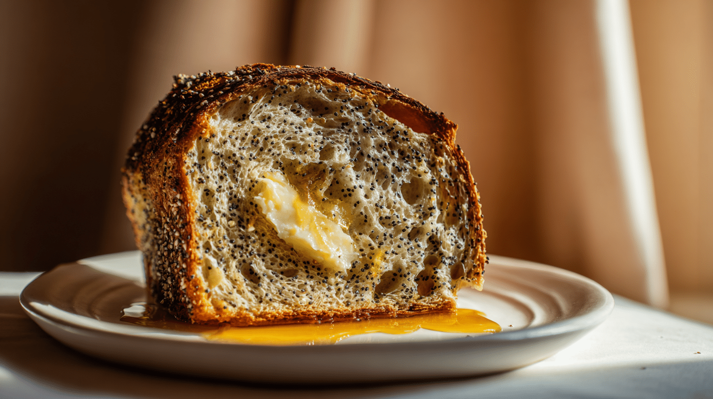 Lemon Poppy Seed Sourdough Loaf: 5 Tips for a Perfectly Tangy Crumb 27 A single toasted slice of Lemon Poppy Seed Sourdough Loaf with honey and butter.