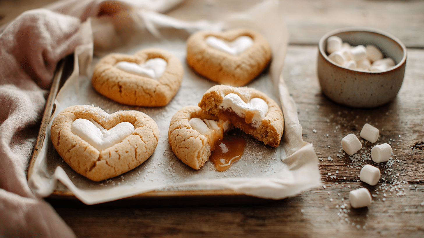 Marshmallow-stuffed heart cookies with gooey marshmallow centers on a baking sheet