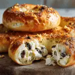 Freshly baked, golden Olive and Feta Yogurt Bagels with visible olives and feta, sliced open on a wooden board.