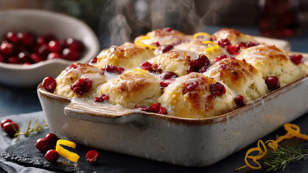 Easy Orange Cranberry Butter Swim Biscuits: Best Recipe in 40 Min 31 A pan of freshly baked, glazed Orange Cranberry Butter Swim Biscuits with cranberries and orange zest garnish.