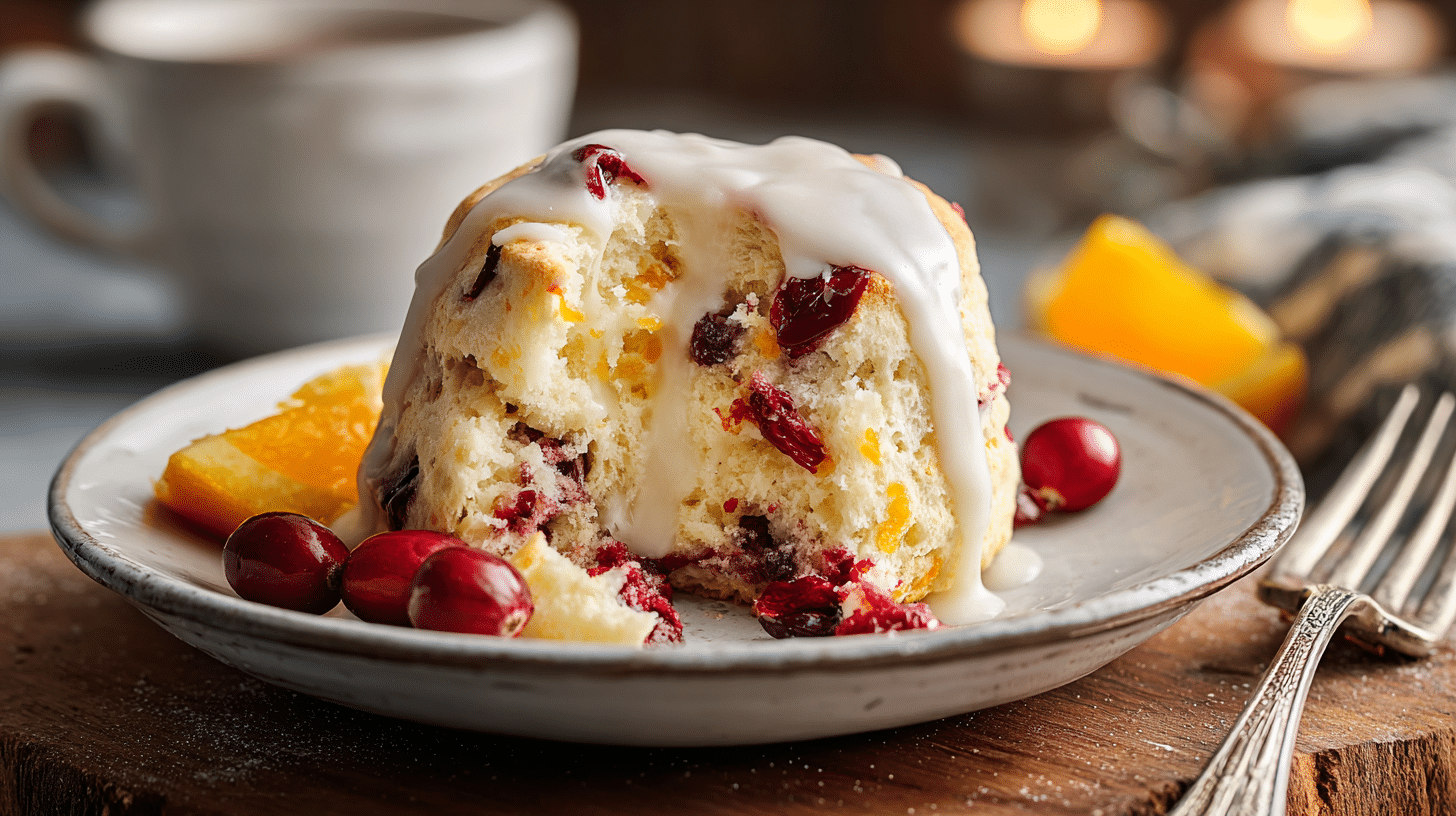 Easy Orange Cranberry Butter Swim Biscuits: Best Recipe in 40 Min 32 A close-up of a single, glazed Orange Cranberry Butter Swim Biscuit pulled apart to show its soft, cranberry-filled interior.