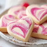 Pink raspberry swirl heart cookies with buttery texture and vibrant pink swirls on a plate