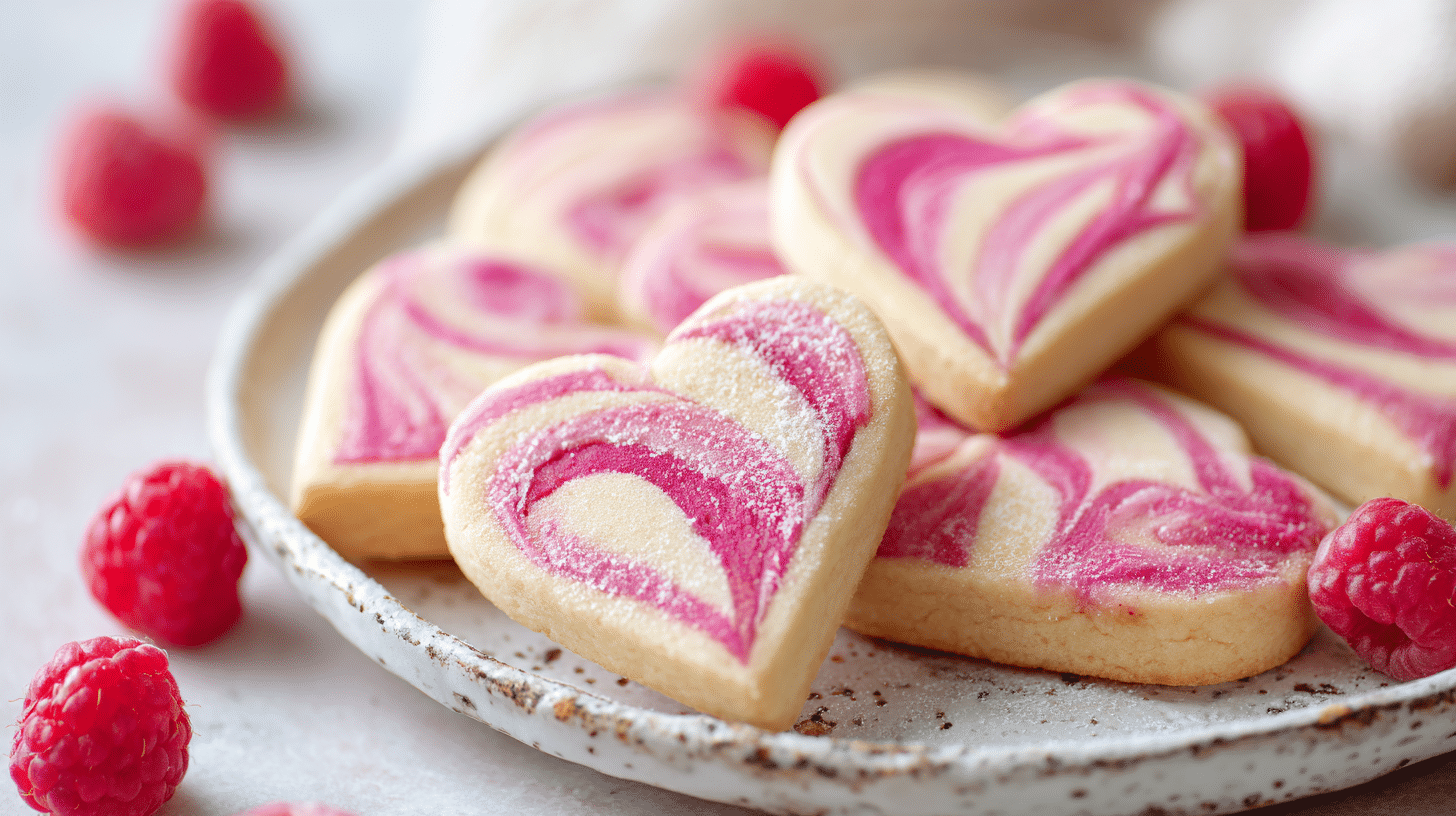 Pink raspberry swirl heart cookies 20 Pink raspberry swirl heart cookies with buttery texture and vibrant pink swirls on a plate