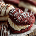 Red velvet heart sandwich cookies filled with cream cheese and decorated for Valentine’s Day