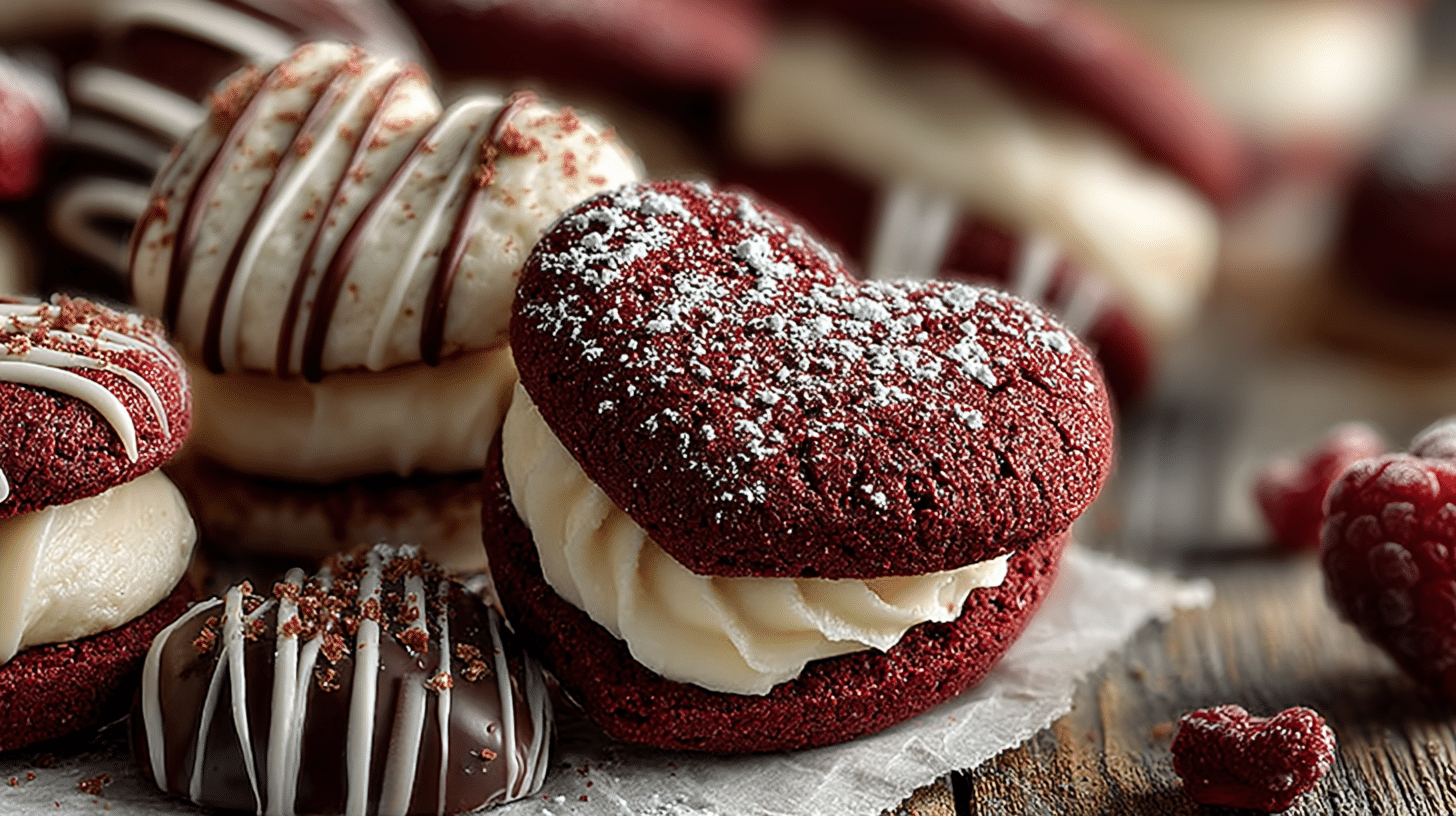 Red Velvet Heart Sandwich Cookies with Creamy Filling 29 Red velvet heart sandwich cookies filled with cream cheese and decorated for Valentine’s Day