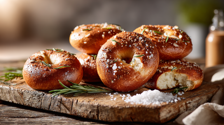 Freshly baked homemade Rosemary Sea Salt Yogurt Bagels with a golden crust on a wooden board.