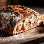 A sliced loaf of homemade Strawberry Lemon Sourdough Bread with a crackly crust and an open crumb filled with red strawberries.
