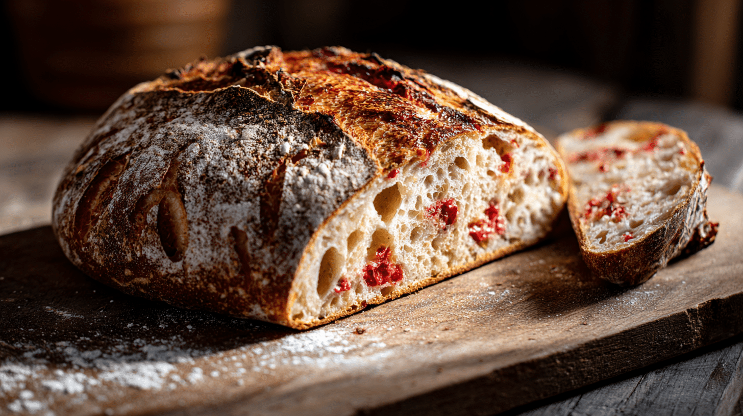 Easy Strawberry Lemon Sourdough Bread: A 3-Day Recipe 34 A sliced loaf of homemade Strawberry Lemon Sourdough Bread with a crackly crust and an open crumb filled with red strawberries.