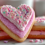 Valentine buttercream cookies with pink frosting and heart sprinkles