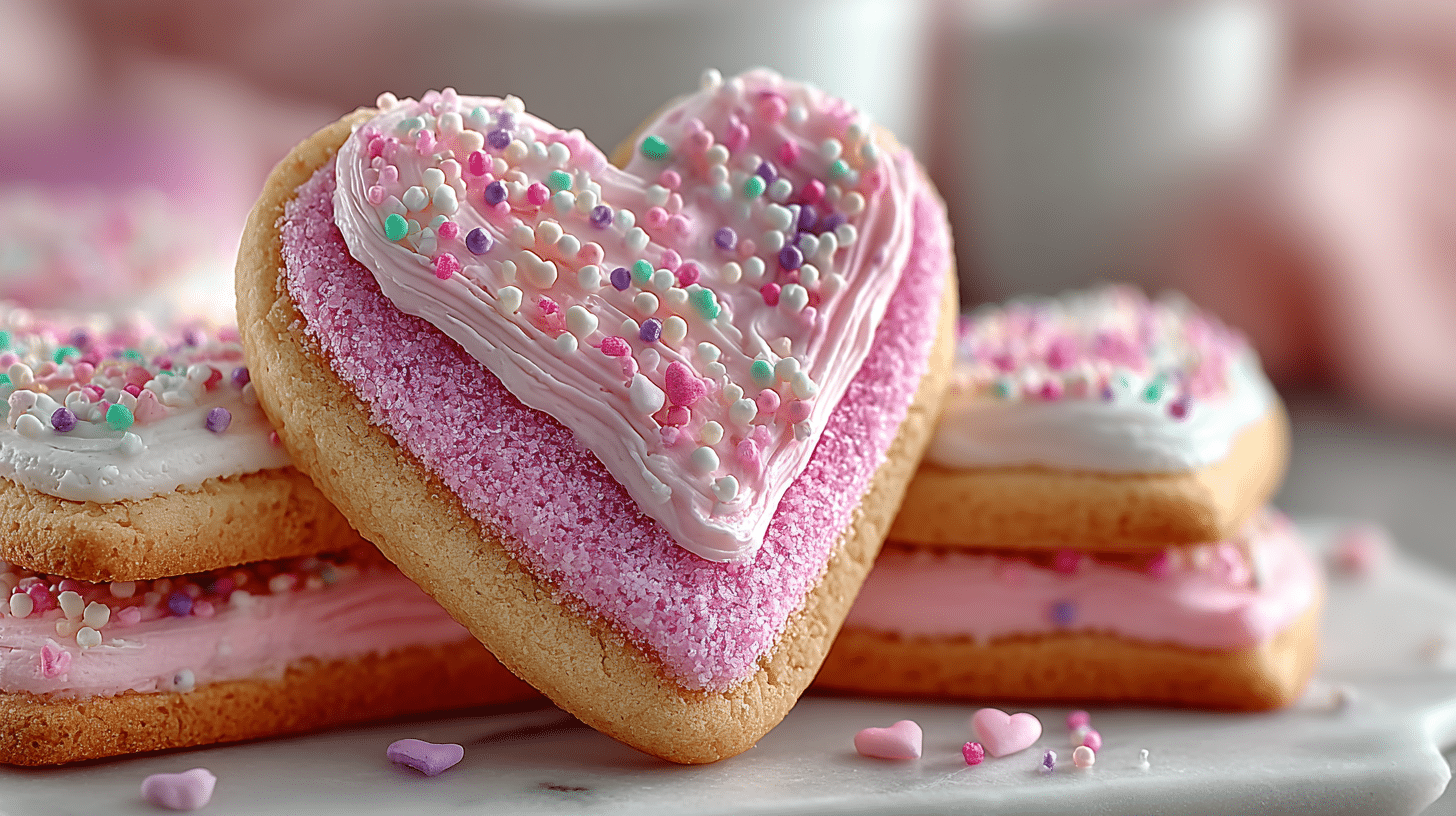Valentine Buttercream Cookies That Are Soft, Festive, and Foolproof 33 Valentine buttercream cookies with pink frosting and heart sprinkles