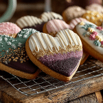 Vegan heart‑shaped cookies with icing and sprinkles