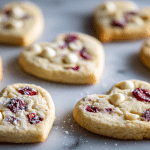 White chocolate cranberry heart cookies with visible white chocolate chunks and dried cranberries on a marble surface