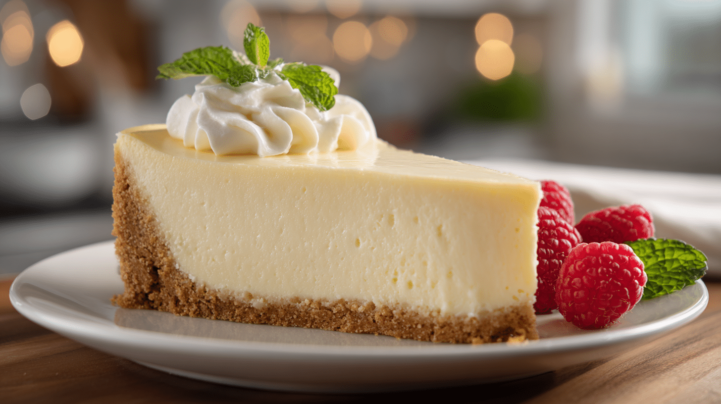 The Easiest 3-Ingredient No-Bake Cheesecake (2 Ways to Make It) 18 3-ingredient no-bake cheesecake slice with raspberries