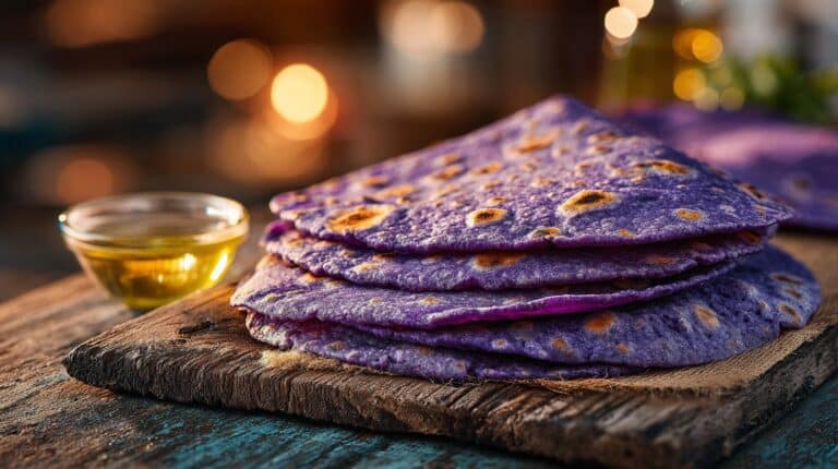 Purple sweet potato roti coconut oil stacked on wooden board.