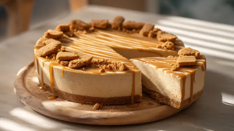 Biscoff cheesecake recipe with golden cookie butter topping on wooden board.
