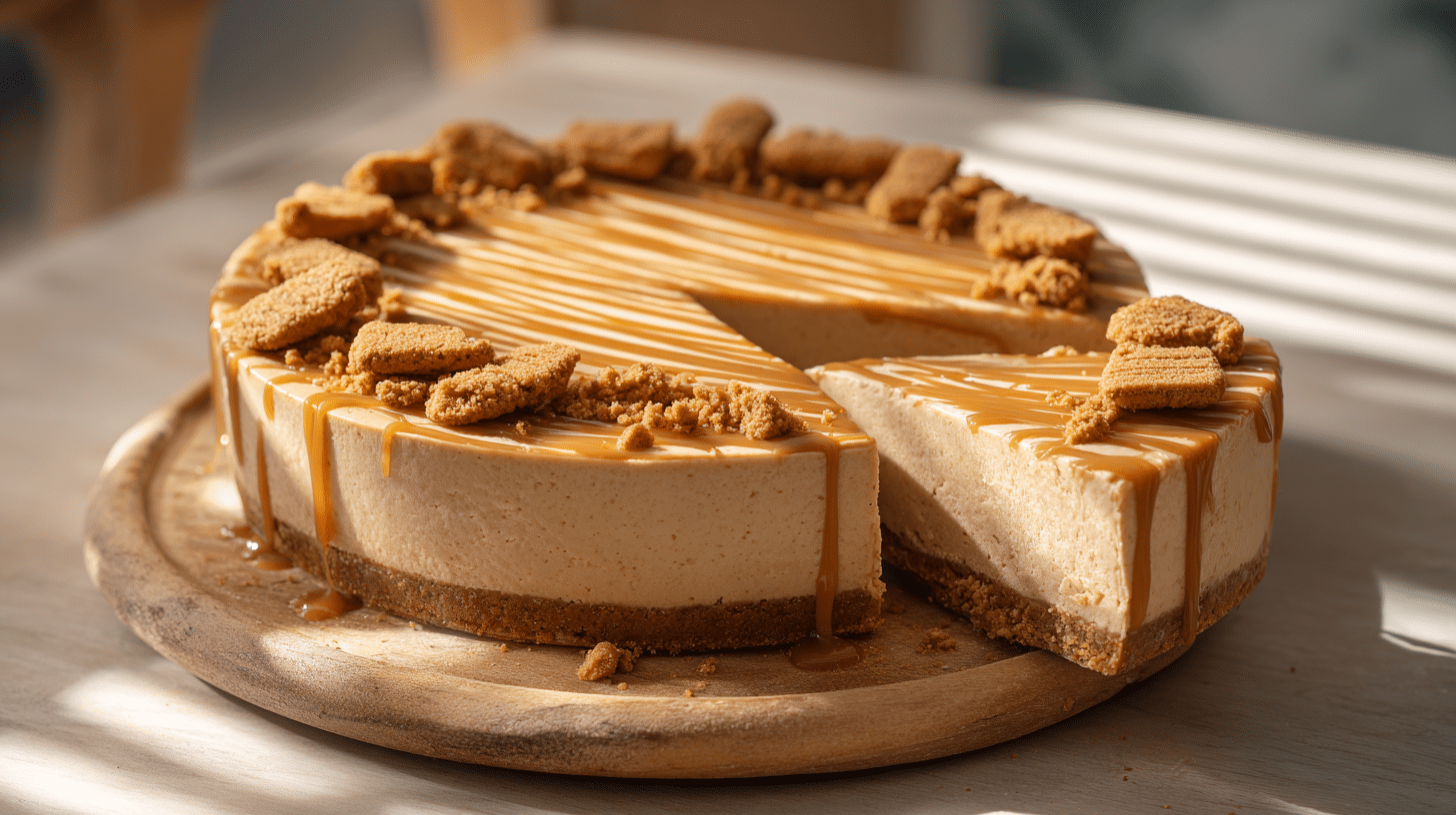 The Easiest Biscoff Cheesecake Recipe (30-Minute Prep, Zero Cracks) 33 Biscoff cheesecake recipe with golden cookie butter topping on wooden board.