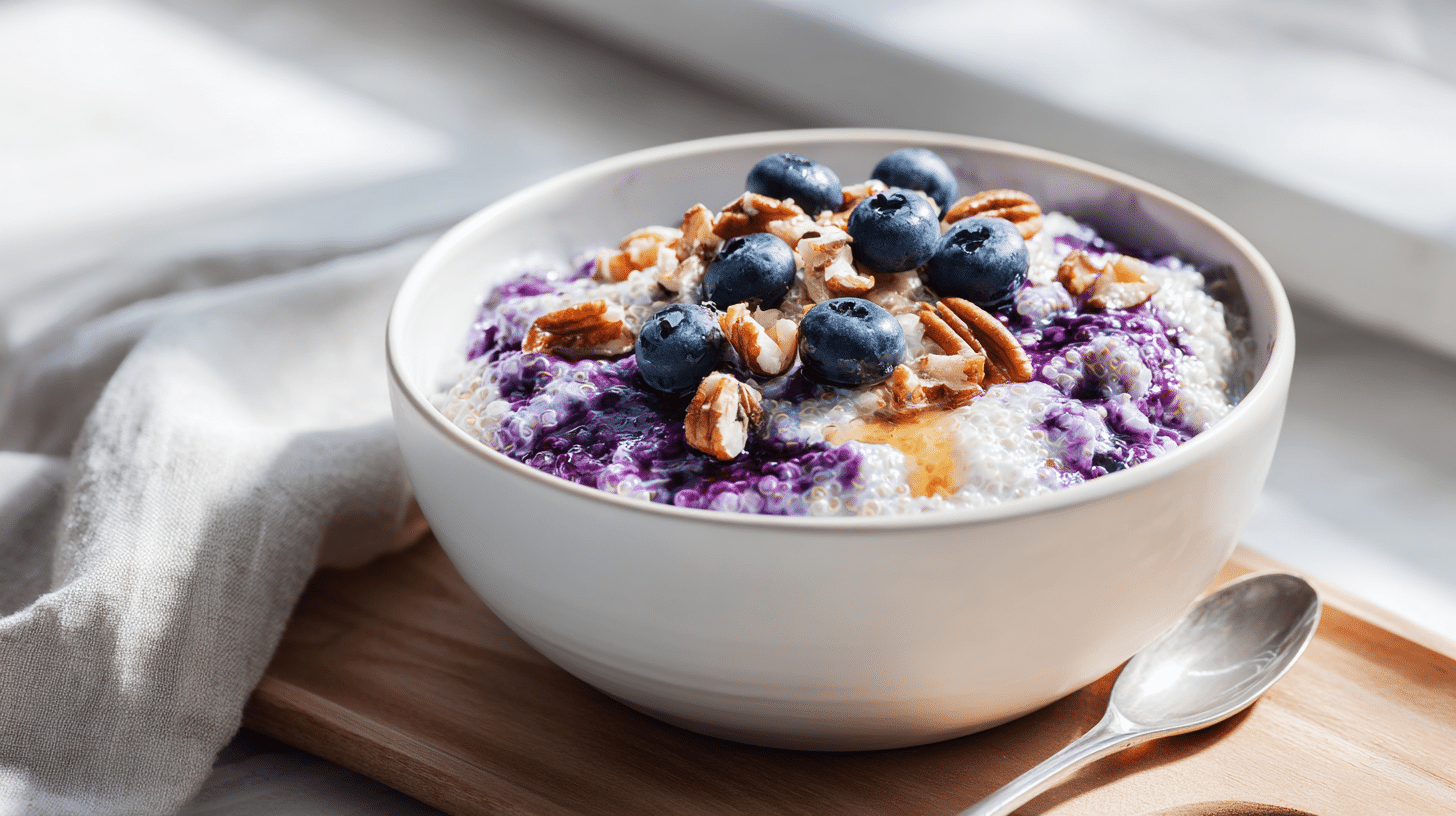 20-Minute Blueberry Quinoa Breakfast Bowl (Better Than Oatmeal!) 23 Blueberry Quinoa Breakfast Bowl with pecans and maple syrup in white ceramic bowl.Blueberry Quinoa Breakfast Bowl with pecans and maple syrup in white ceramic bowl.