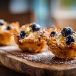 Golden brown Blueberry Ricotta Phyllo Bites on a rustic wooden board.