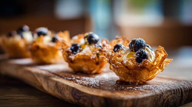 Golden brown Blueberry Ricotta Phyllo Bites on a rustic wooden board.