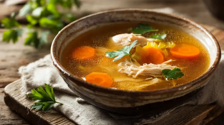 Golden bone broth soup recipe chicken with shredded meat and fresh parsley garnish.