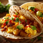 Breakfast tacos with eggs, bacon, potatoes, and avocado