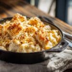 Creamy cajun chicken mac and cheese in a skillet with a crispy topping.