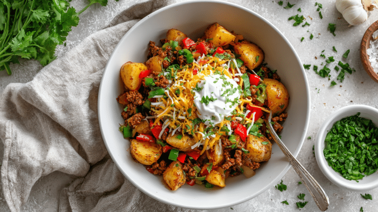 Cajun Loaded Potato Bowls with beef, cheese, and avocado.