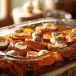 Candied yams in the oven with toasted marshmallows and caramelized brown sugar glaze.