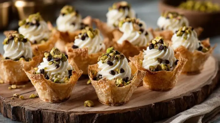 Cannoli Bites Phyllo Cups with creamy filling, pistachios, and chocolate chips.