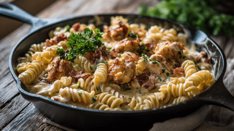 Creamy chicken bacon ranch pasta in a skillet with melted cheese.