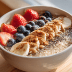 Warm Cinnamon Quinoa Breakfast Bowl topped with banana, berries, and almond butter.
