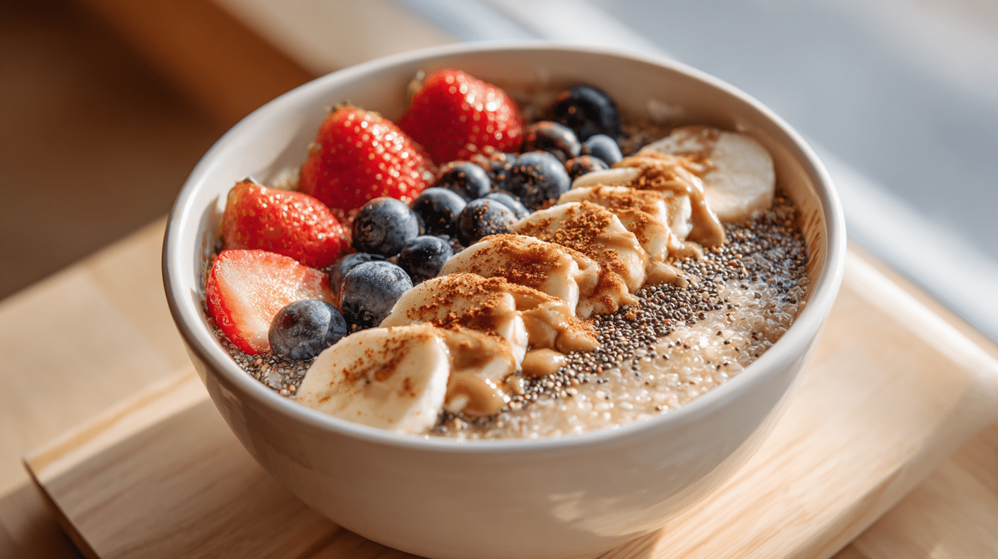 Why This Cinnamon Quinoa Breakfast Bowl Beats Oatmeal Every Single Time 20 Warm Cinnamon Quinoa Breakfast Bowl topped with banana, berries, and almond butter.