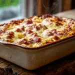 Corned Beef and Cabbage Casserole with golden Swiss cheese topping.