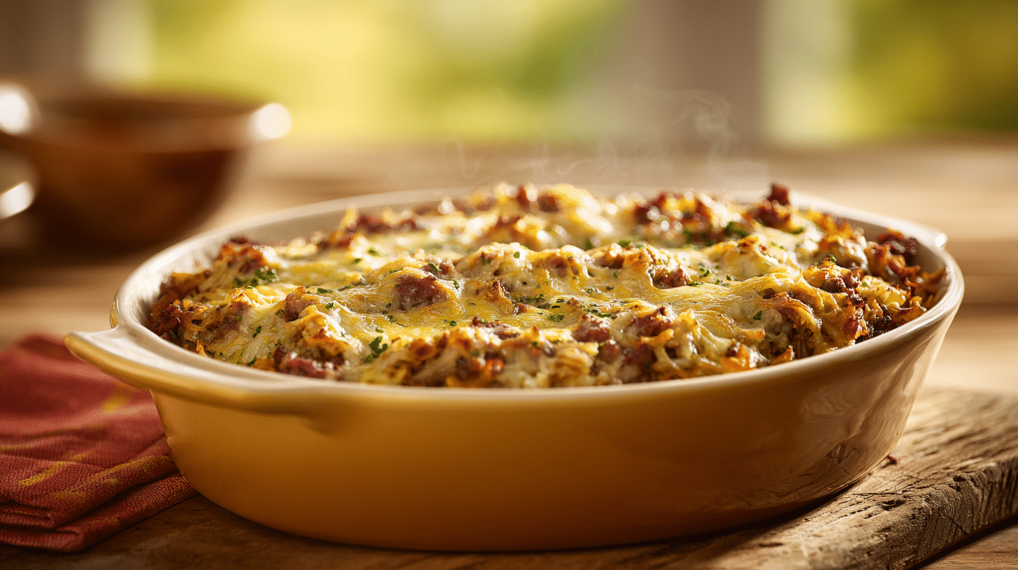 Corned Beef and Cabbage Rice Casserole: Easy 46-Minute Meal 25 Golden Corned Beef and Cabbage Rice Casserole bubbling with melted Swiss cheese.