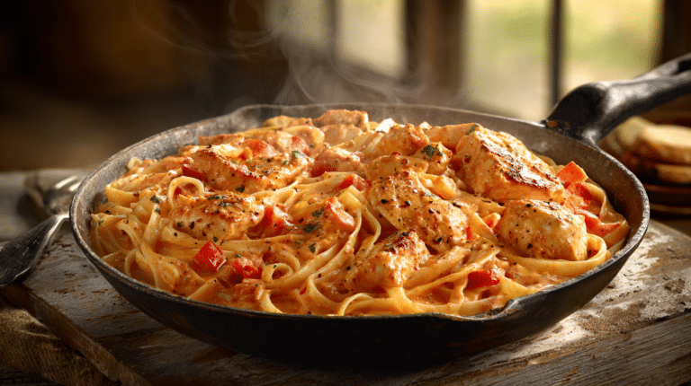 Creamy cajun garlic pasta with seared chicken and red bell peppers in a cast iron skillet.