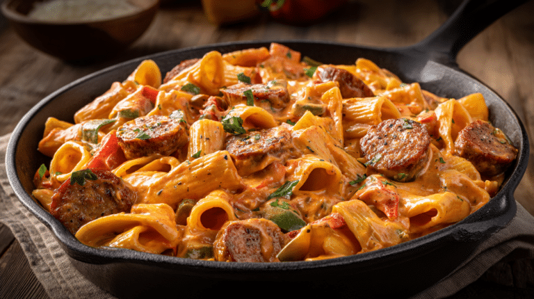 Creamy cajun sausage rigatoni in a cast iron skillet
