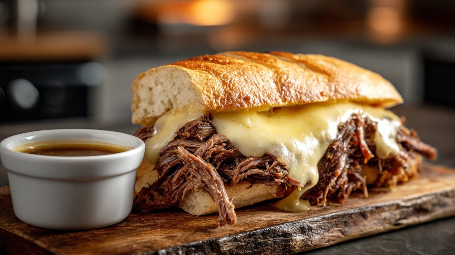 Crockpot French Dip Sandwiches That Melt in Your Mouth (So Easy!) 25 Crockpot french dip sandwiches with melted provolone cheese and au jus.