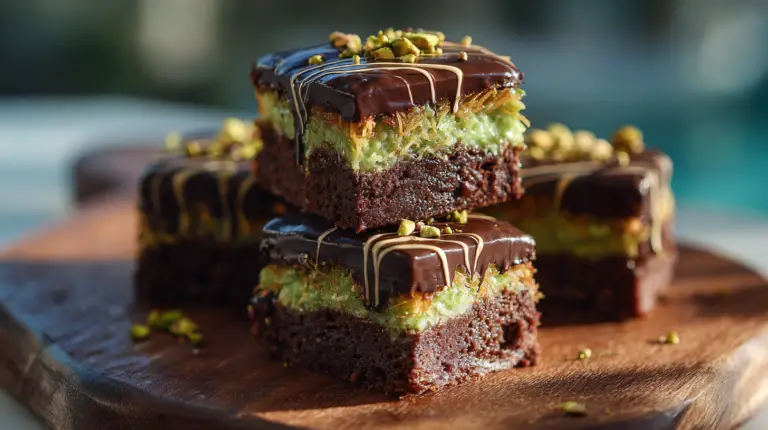 Dubai brownie recipe with pistachio cream and kataifi layers.