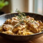 Creamy french onion chicken orzo with melted gruyere and thyme in a bowl.
