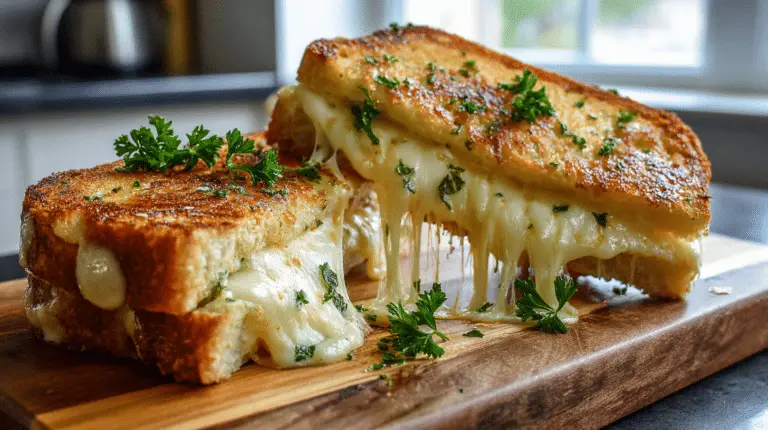 Golden Garlic Bread Grilled Cheese with three-cheese pull on rustic board.